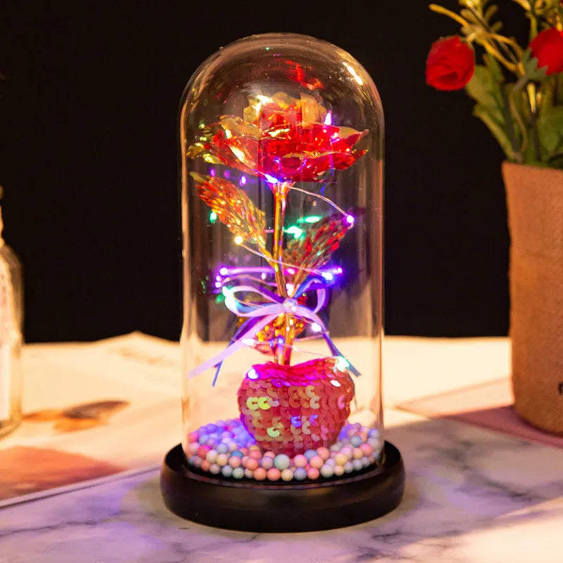 HOT Red Rose with LED Light in Glass Dome Rose in Flask Beauty and the Beast for Wedding Party Decoration Anniversary Lover Gift