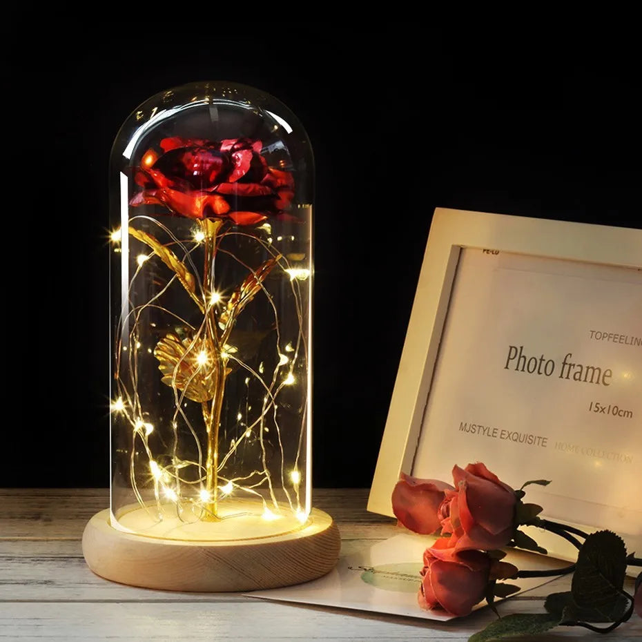 HOT Red Rose with LED Light in Glass Dome Rose in Flask Beauty and the Beast for Wedding Party Decoration Anniversary Lover Gift