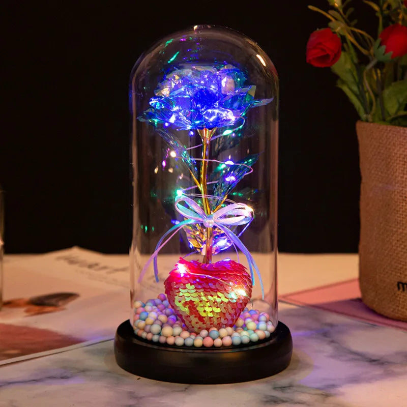 HOT Red Rose with LED Light in Glass Dome Rose in Flask Beauty and the Beast for Wedding Party Decoration Anniversary Lover Gift