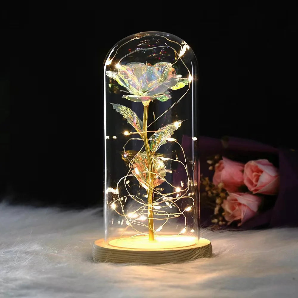 HOT Red Rose with LED Light in Glass Dome Rose in Flask Beauty and the Beast for Wedding Party Decoration Anniversary Lover Gift