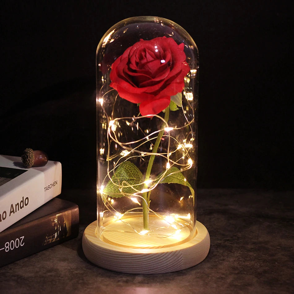 HOT Red Rose with LED Light in Glass Dome Rose in Flask Beauty and the Beast for Wedding Party Decoration Anniversary Lover Gift